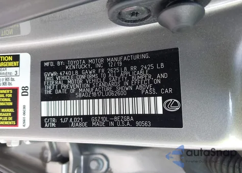 2020 Lexus Es 350 z USA, uszkodzony, nr VIN 58ADZ1B17LU062600